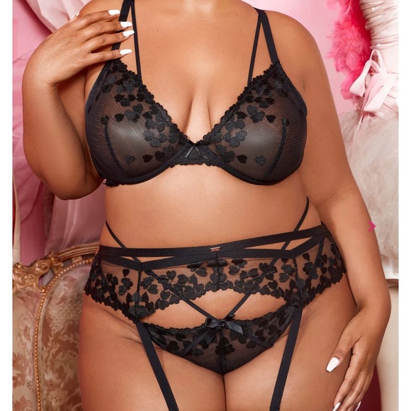 NEW Love Vera Embroidered Heart Unlined Plunge Bra Mesh Sheer Black 34DDD NWT - Picture 2 of 5